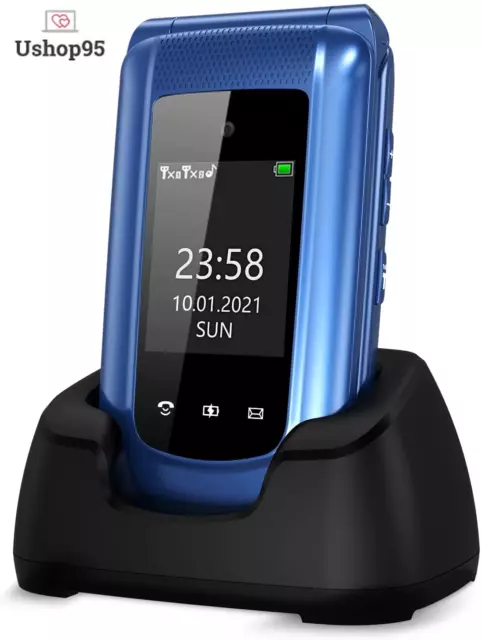 Téléphone Portable Senior Clapet Débloqué 2.4+1.8 Dual LCD Écran avec  Grandes Touches | Haut Volume |Bouton SOS | Radio FM | Lampe Torche et  Station