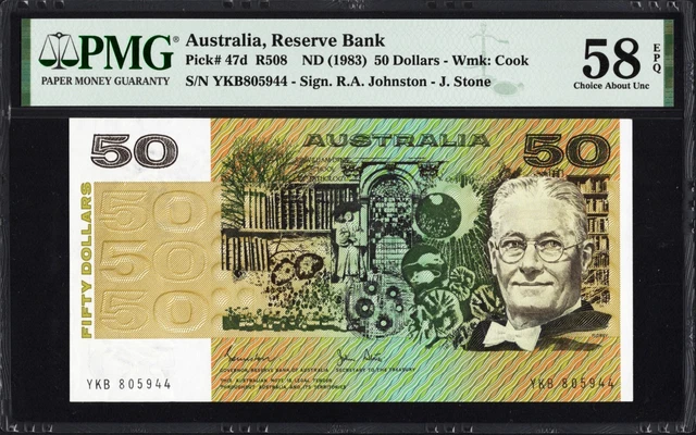 Australia 50 Fifty Dollars 47d R508 1983 Johnston Stone PMG58 aUNC EPQ Banknote