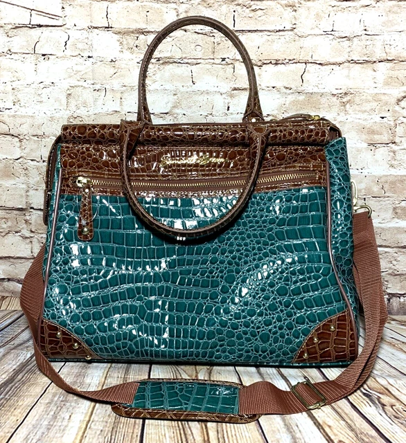 Samantha Brown Dowel Bag Croco Embossed Tote Turquoise Trolly Sleeve 16" x 13"