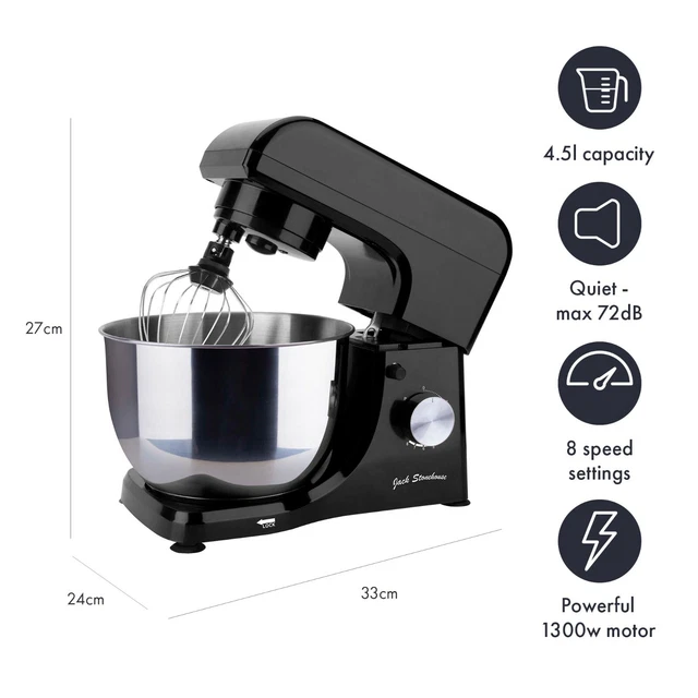 1300W Elektrischer Lebensmittelständer Mixer 8-Gang 4,5L 3 Aufsätze, Edelstahl Schüssel