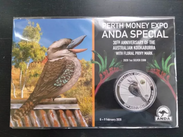 2020 1oz 9999 Silver Kookaburra coin with Floral Privy Mark 30th Anniversary