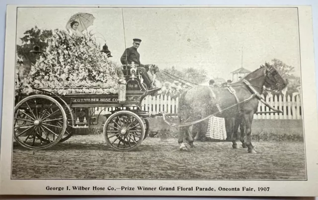 Vtg RPPC Ad Postcard Oneonta Fair 1908 Firemen Float Horses Info On Back