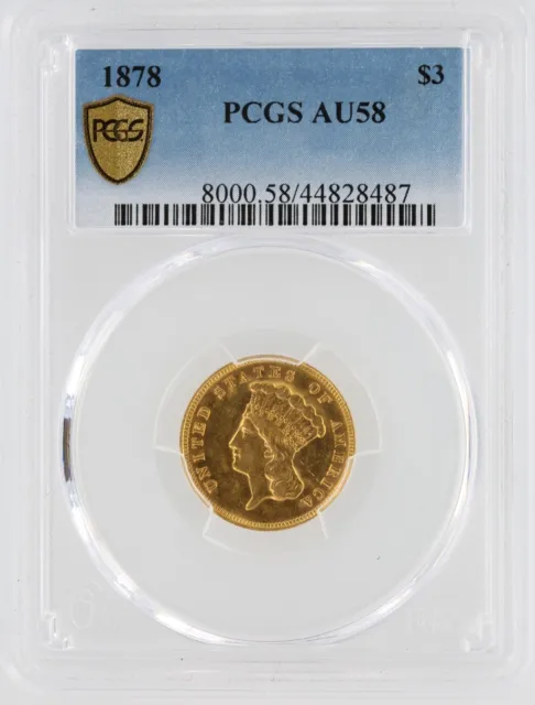 1878 Three Dollar PCGS AU58 G$3 Indian Princess Head Philadelphia Mint