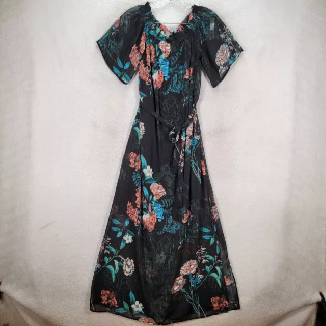 Beige Women Dress Size M Black Floral Metallic Off Shoulder Belted Cocktail Maxi 2