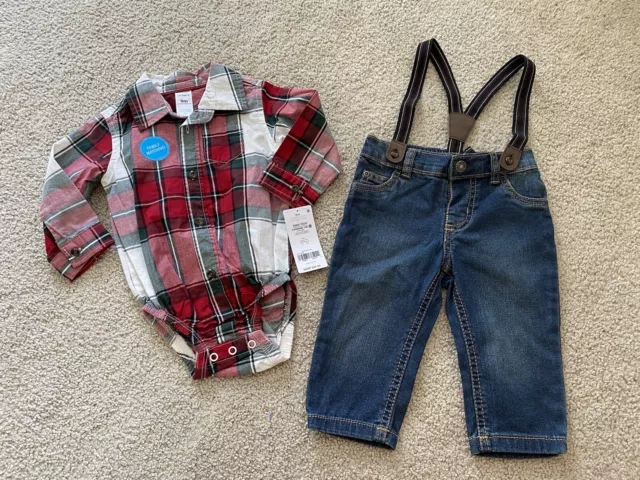 NWT carters Infant Boys 9M 2 Piece Plaid Button Up Jeans Suspenders