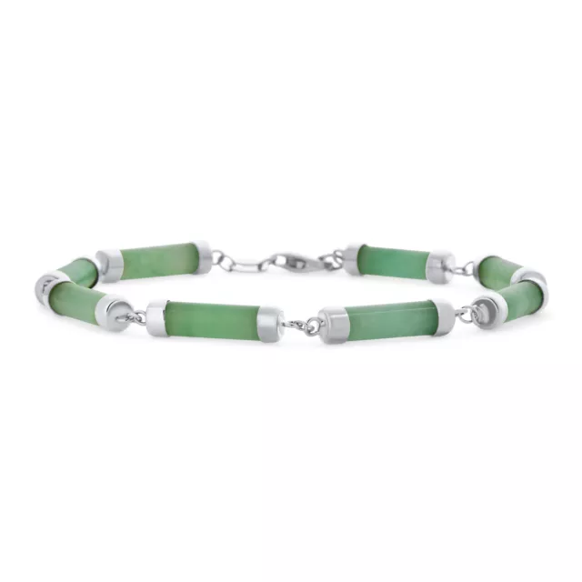 Gemstone Light Green Jade Bar Bracelet .925Sterling Silver 7.5"