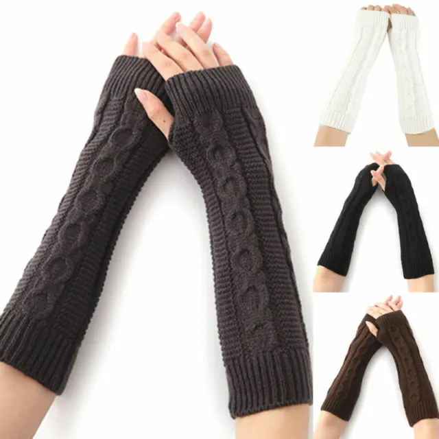 Women Solid Long Cable Knitted Gloves Thermal Fingerless Mittens Arm Warmer US