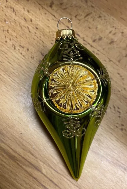 Mercury Glass Bright Green Indent Teardrop Christmas Krebs Germany Ornament 4"
