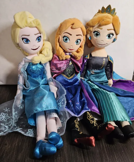 Lot Of 3 Frozen Anna & Elsa Princess Plush Dolls 20" & Queen Anna New No Tags