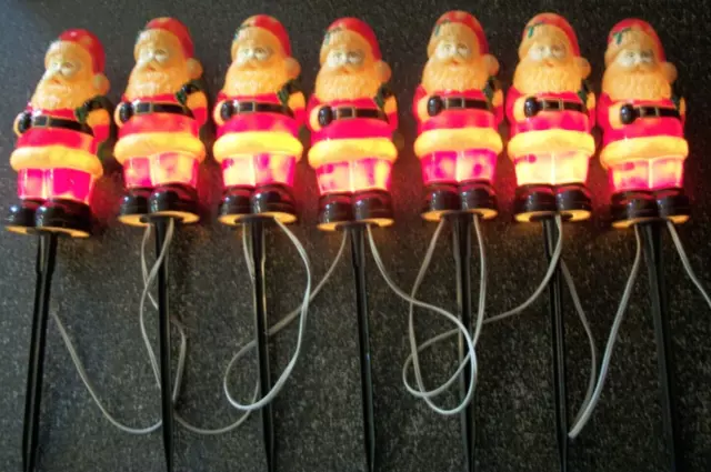 Vntg Santa Lighted Yard Stakes Set 7 Lawn Holiday Christmas Decor Blow Mold