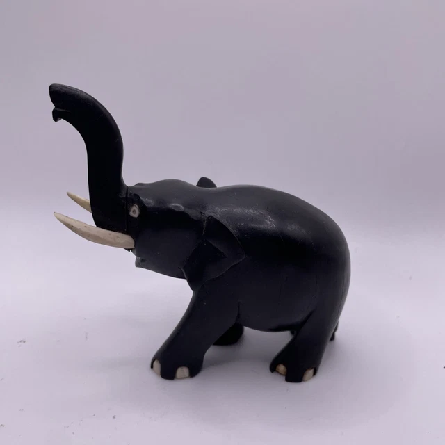 Elephant Dark Wood Figurine Sculpture Folk Art 3.5” Tall. Trunk Up