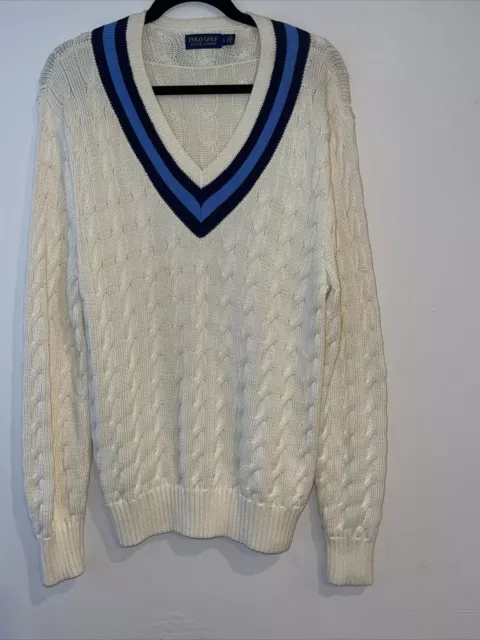 Polo Ralph Lauren Cream with Navy CRICKET Cable Knit Cotton V-Neck Sweater XL