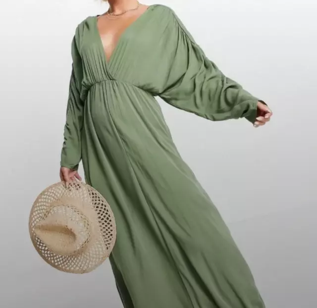 NWT ASOS Design Curve Tunic Drape Maxi Beach Dress Womens Olive Green Size 22