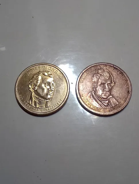 Two U. S. One Dollar Presidential Coins Monroe, Harrison