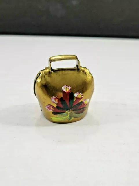 Vintage Small Old Swiss Brass Cow Bell Hand Painted Red Floral 1 1/2"