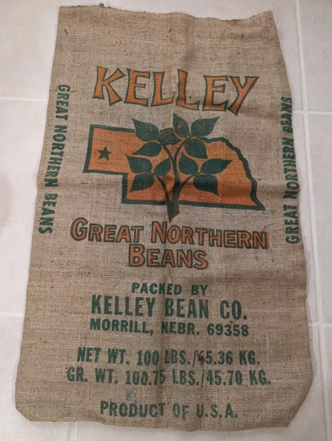 Vintage NE Kelly Great Northern Beans 100 LB. Seed Beans Burlap Railroad Bag GB1