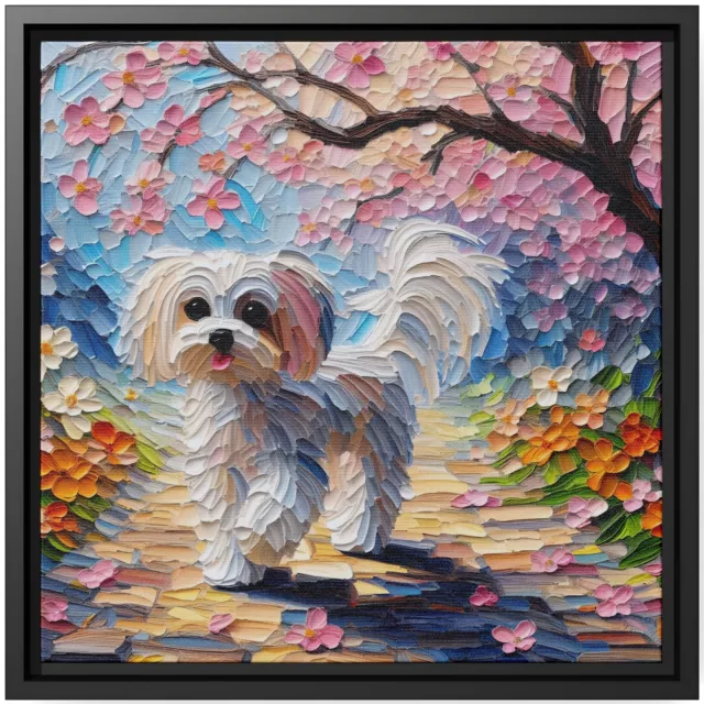 Wall Art Decor Canvas Print Oil Painting Dog Maltese Cherry Blossoms Flowers