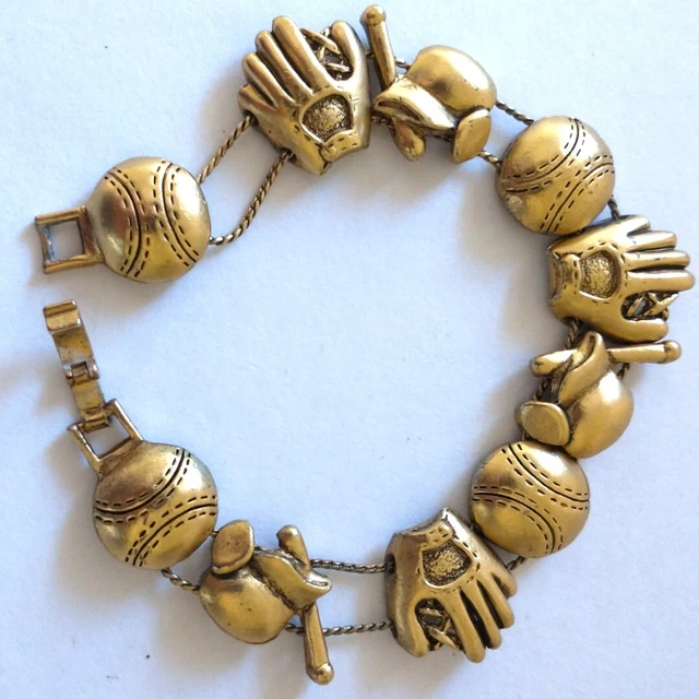 Baseball Softball Charm Bracelet Vtg 80s Gold Tone Glove Helmet Ball Sliding 90s