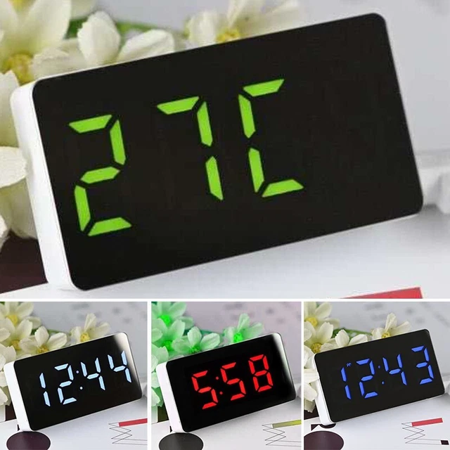 Portable LED Mirror Clock Plastic With Time Calendar Temperature Alarm Decor New