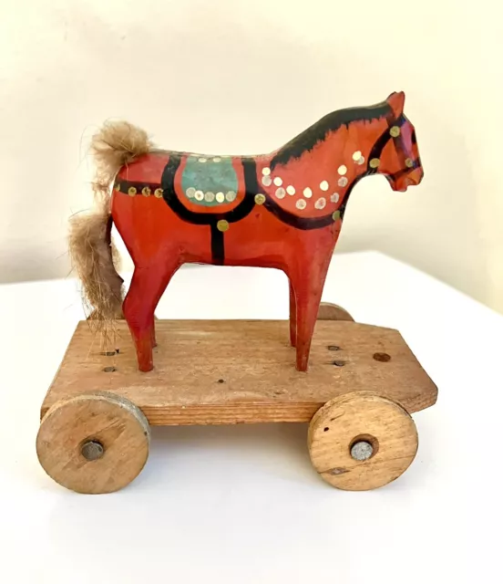 Vintage Antique￼ Wood Horse Pull Toy Pony Folk Art  Wheels Dala Red Swedish? 5”