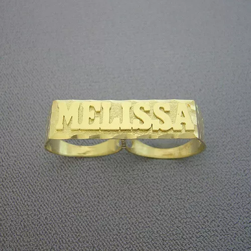 Solid Metal Men's Customized 2 Finger Name Ring 14k Yellow Gold Plated Silver