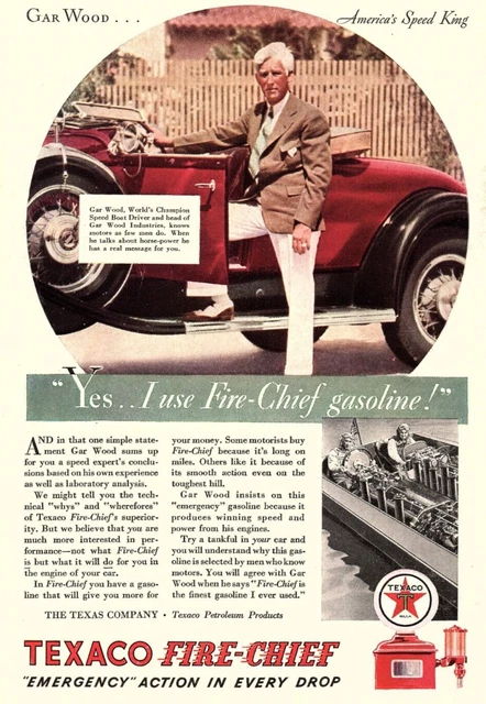 1934 Texaco Fire Chief Gar Wood Champion Speed Boat Driver Magazine Print Ad