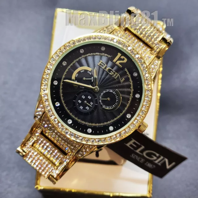 New Mens Elgin Luxury Gold Plated Simulated Diamond Dress Stainless Steel Watch