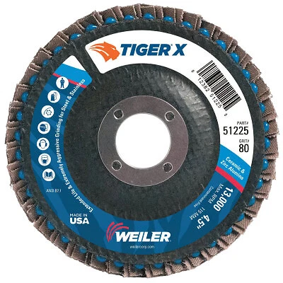 Tiger X Flap Disc, 4-1/2 in Flat, 80 Grit, 7/8 in Arbor Weiler WEILER 51225