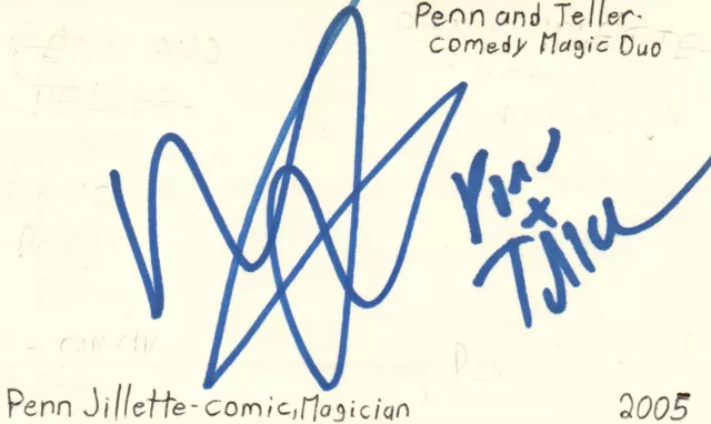 Penn Jillette Comedian Magician TV Movie Autographed Signed Index Card JSA COA