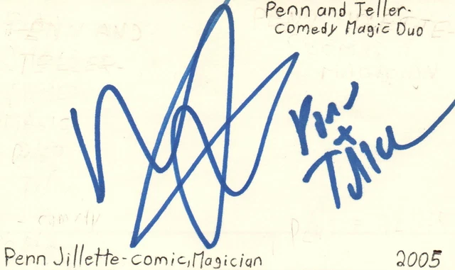 Penn Jillette Comedian Magician TV Movie Autographed Signed Index Card JSA COA