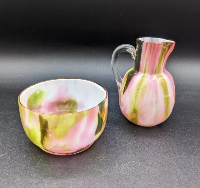 Spatter Glass Cream And Sugar Pink And Green Art Glass No Chips Or Cracks