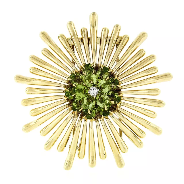 Vintage Retro 14K Gold Peridot & Diamond Cluster Radiating Spray Flower Brooch 2