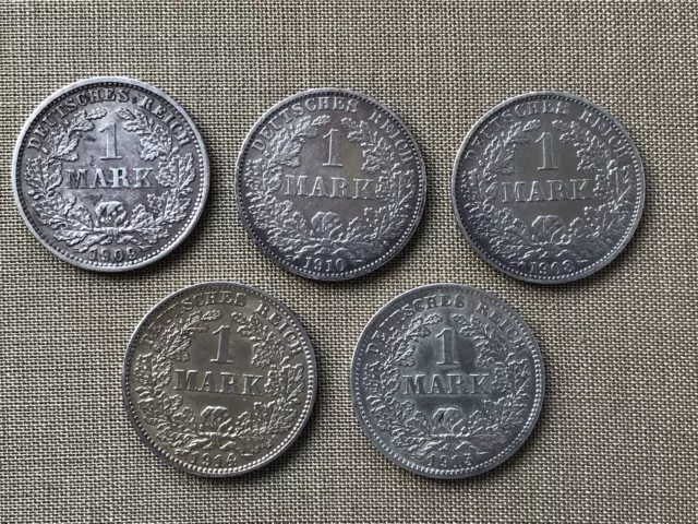 5 x 1 Mark 1891 - 1916, Deutsches Kaiserreich , 900er Silber, alle verschieden F