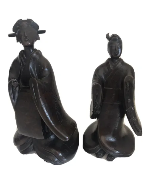 Ein Paar schwere japanische Bronzestatuen von Noh-Tänzern aus dem frühen 20. Jahrhundert