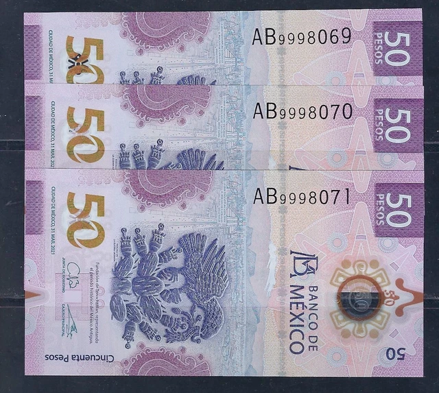 Mex  2021  (3) $50P COMMEMORATIVE  NEW UNC PREFIX  "AB"Polymer  (BN10)