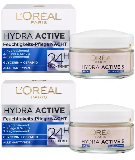 ✅ Loreal Hydra Active 3 Nachtpflege Creme 24h Feuchtigkeitspflege Nacht 2x 50ml✅