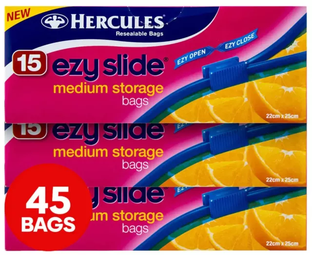 3 x 15pk Hercules Ezy Slide Zip Resealable Food Storage Bags Medium 22cm x 25cm