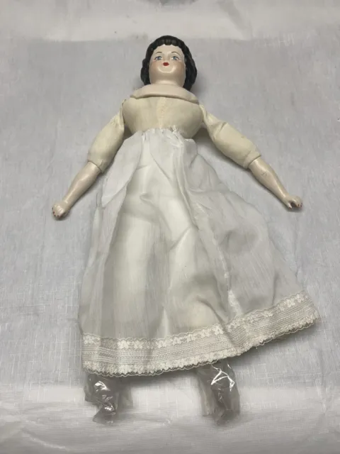 Vintage Reproduction China Head Doll 14” White Dress Porcelain 1979