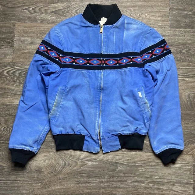Vintage CARHARTT USA Sz M Aztec Southwest Work Bomber Jacket Rare Blue Detroit