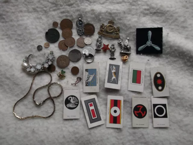Vintage Job Lot Collectables - coins, cards, jewellery, figures, badges