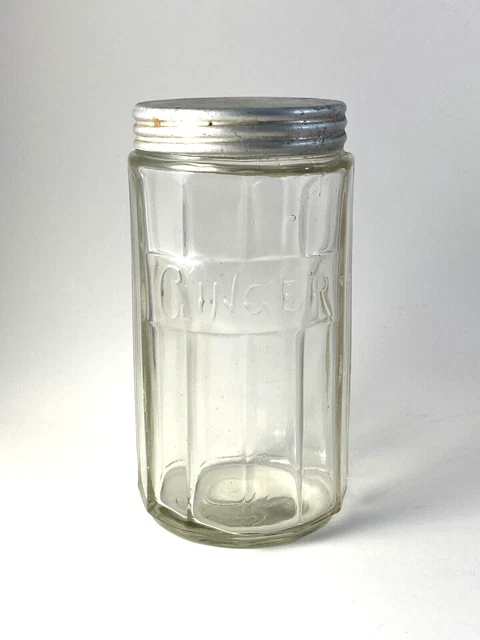 Vtg Hoosier 12 Panel Glass Ginger Spice Jar Script Lettering with Aluminum Lid