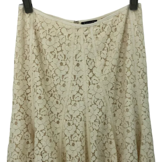 Tahari Floral Lace Overlay Midi Skirt Womens Size 4 Cream A Line Frayed Hem Boho 2