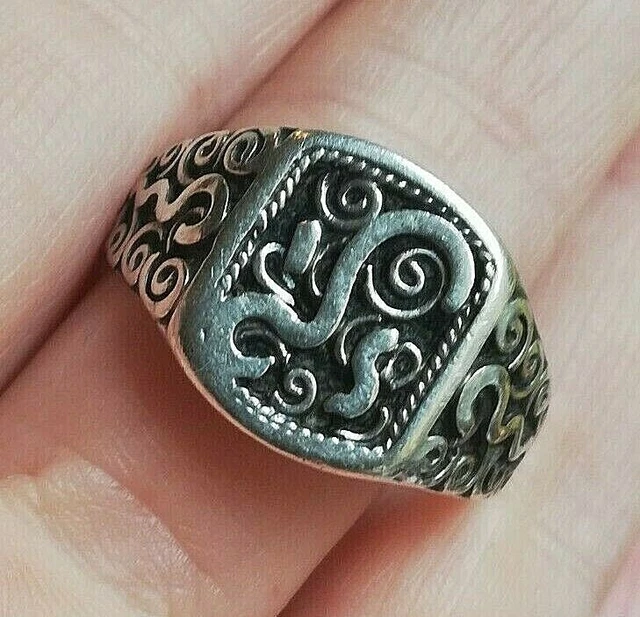 Bague Ancienne Argent Massif 925 - Alliance Créateur Avec Ambre Et Fleurs - Taille 52