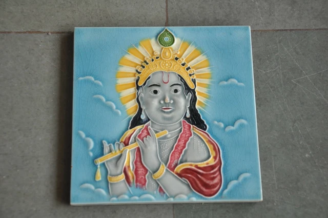 Vintage Colorful Lord Krishna Picture Embossed Tiles, Japan?