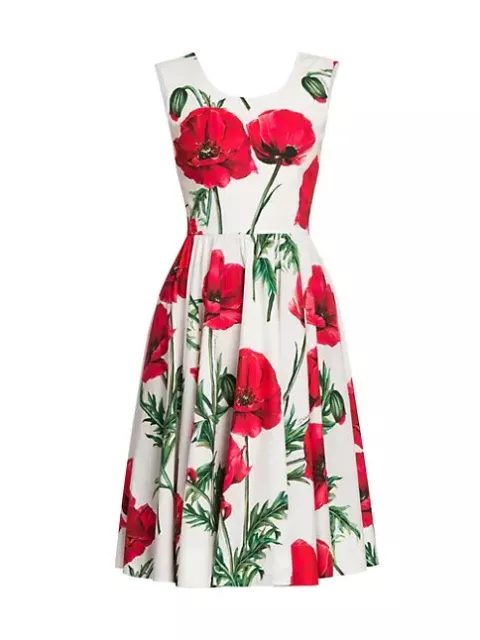 NWT Authentic DOLCE&GABBANA Pleated Poppy Print Dress size IT 46/US 10