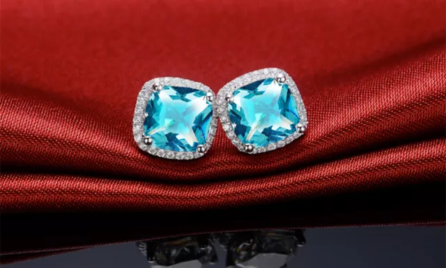 Cushion - Cut Blue & White Topaz Halo Stud Earrings 925 Stamped Sterling Silver