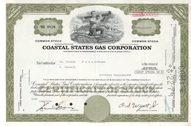 Coastal States Gas Corp. - Original Stock Certificate -1974 - NU9826