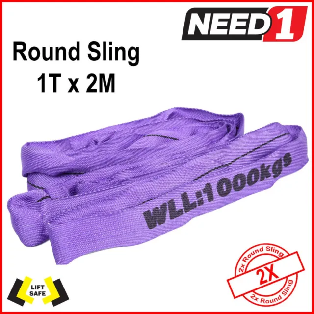 LIFT SAFE - 2x - 1T by 2m - Round Lifting Slings (2 slings)