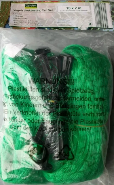 2er Set Vogelschutznetz Netze je 10 mal 2 m inikusive 10 Anker UV-beständig grün
