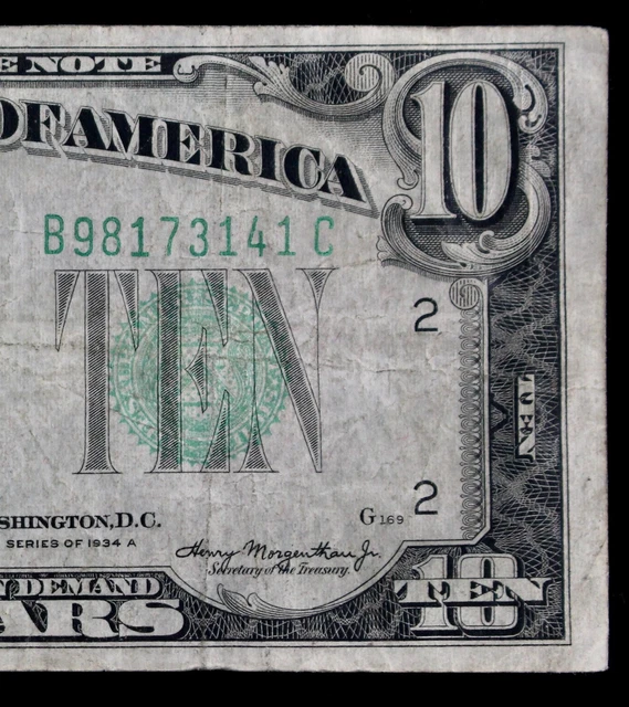 $10 1934A LFP 169 Federal Reserve Note B98173141C ten dollar, series A, New York